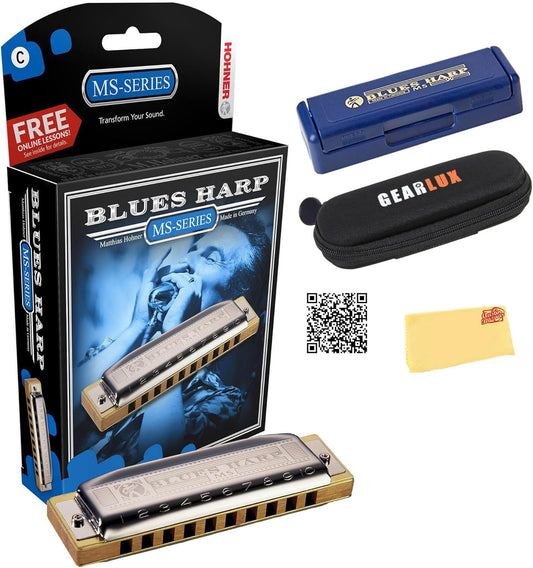 Hohner Harmonica 532 Blues Harp MS - Key of D Bundle with Case, Pouch, Harmonica Beginner Online Manual, and Austin Bazaar Polishing Cloth