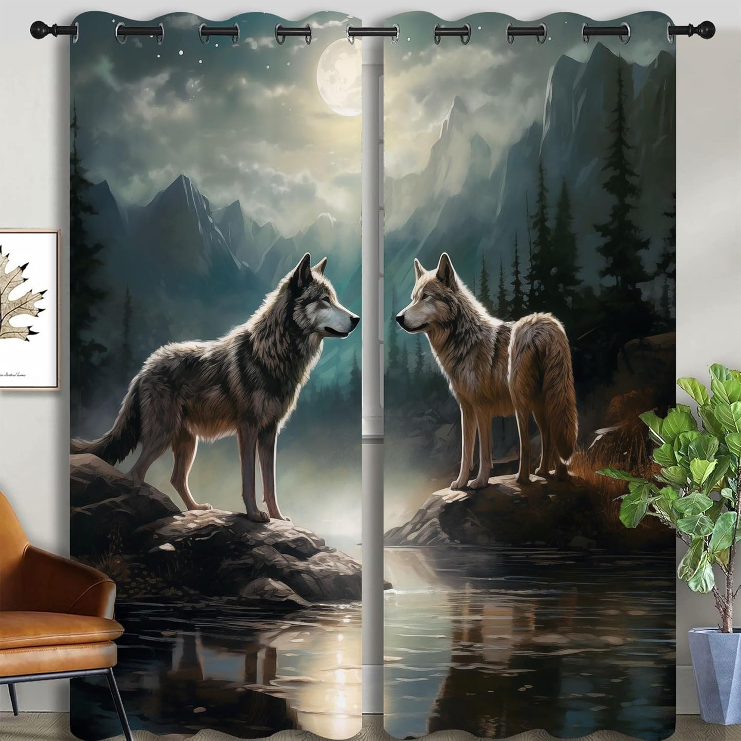 Wolf Blackout Curtains for Boys Girl Bedroom Decor,Moon Mountain Pine Forest Wild Animals Thermal Insulated Grommet Drapes Darkening Window Curtain for Living Room Home 84x63 inch