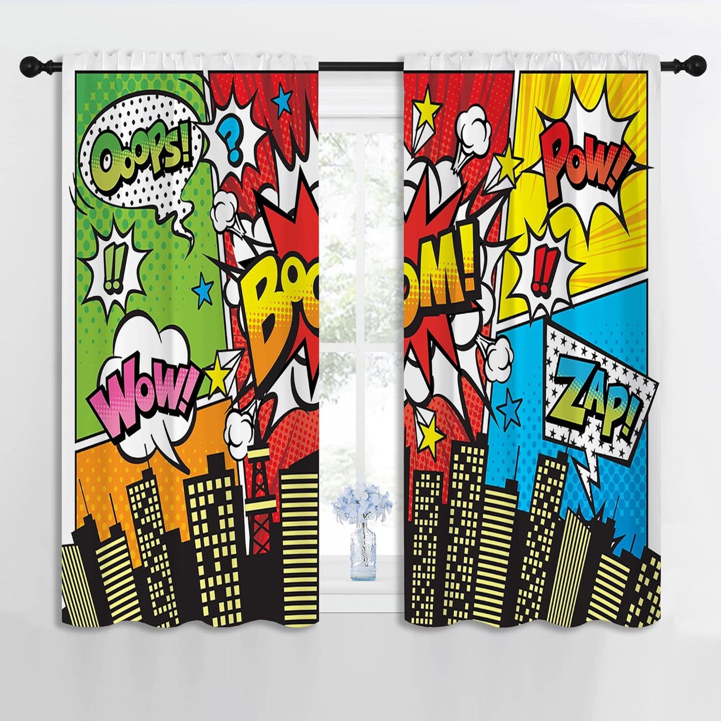 Superhero City Wars Explosion Rod Pocket Blackout Curtains for Boy Girl Bedroom, Colorful Comics Ar Thermal Insulated Home Window Drapes for Living Room Darkening, 42x45 inch