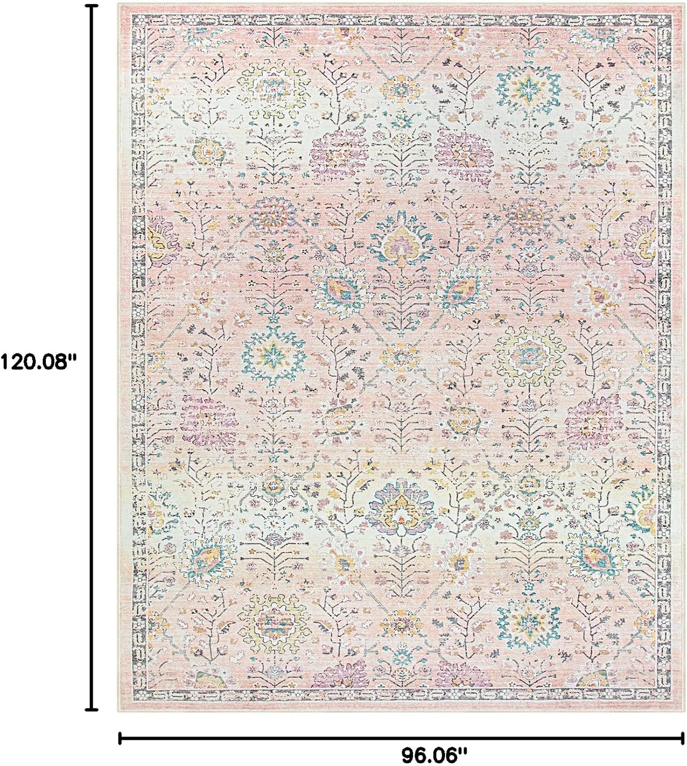 Lahome Pink Boho Area Rug, 8x10 Washable Rugs for Bedroom Girls Living Room, Soft Blush Floral Non Slip Pastel Thin Floor Carpet for Classroom Playroom Home Decor