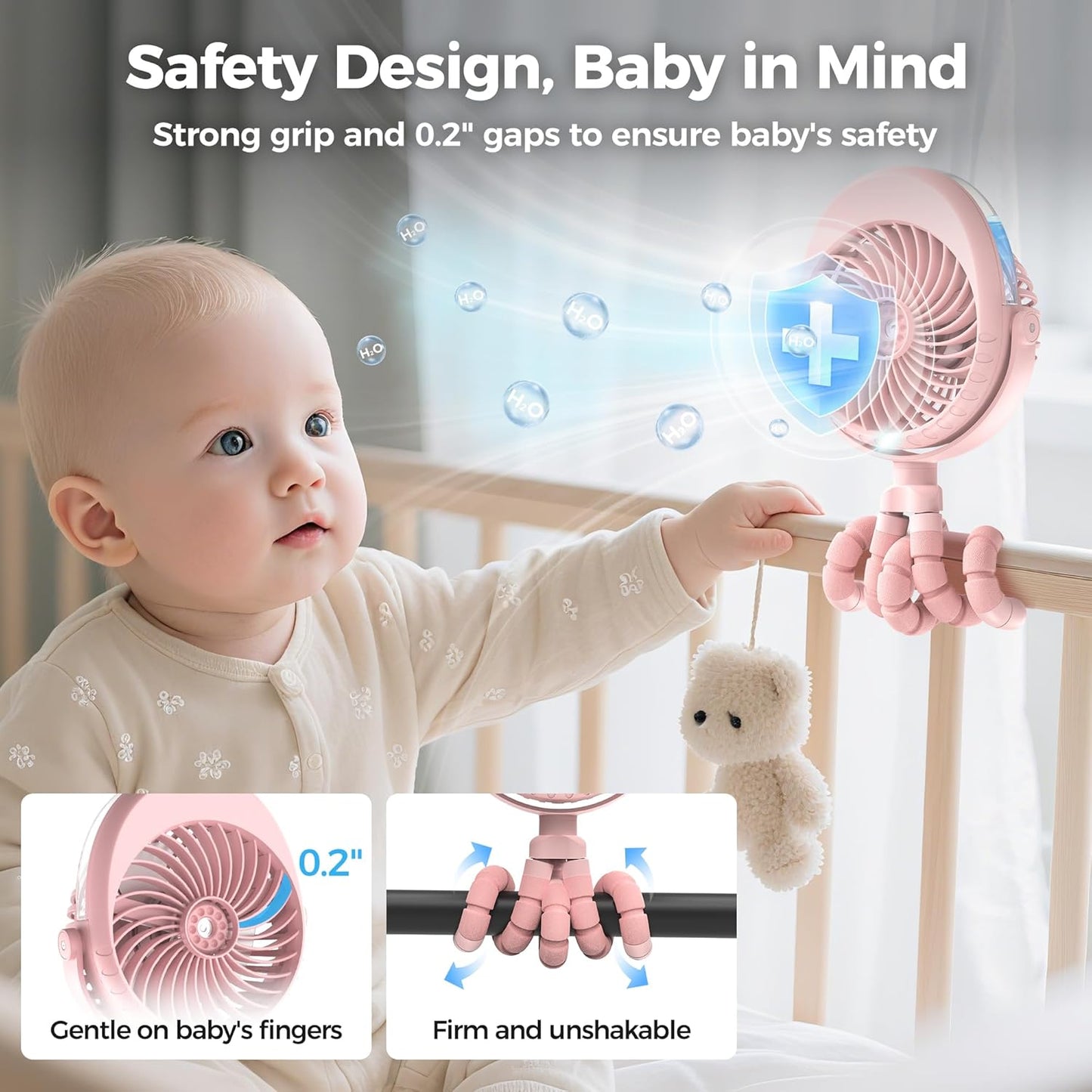 2025 Upgarded 4000mAh Misting Baby Stroller Fan, Rechargeable Battery Operated,Max 15Hrs Cooling,50ml Portable Water Sprayer Misting Fan with Flexible Tripod Clip on Car Seat Crib Treadmill Bunk Bed