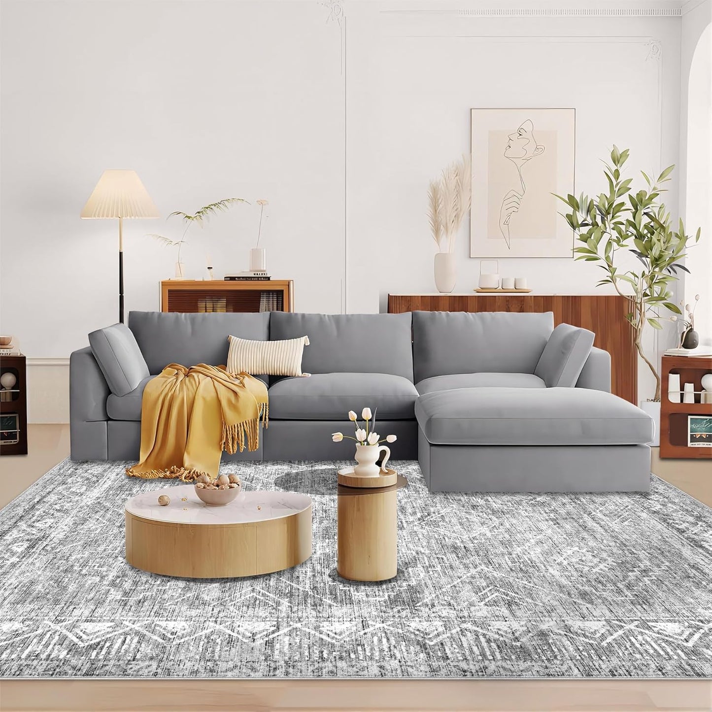 Moroccan Large Area Rug 6x9 - Soft Machine Washable Geometric Boho Distressed Farmhouse Rug Morden Stain Resistant Indoor Floor Carpet for Bedroom Dining Table Nursery Home Office (6 x 9, Grey)