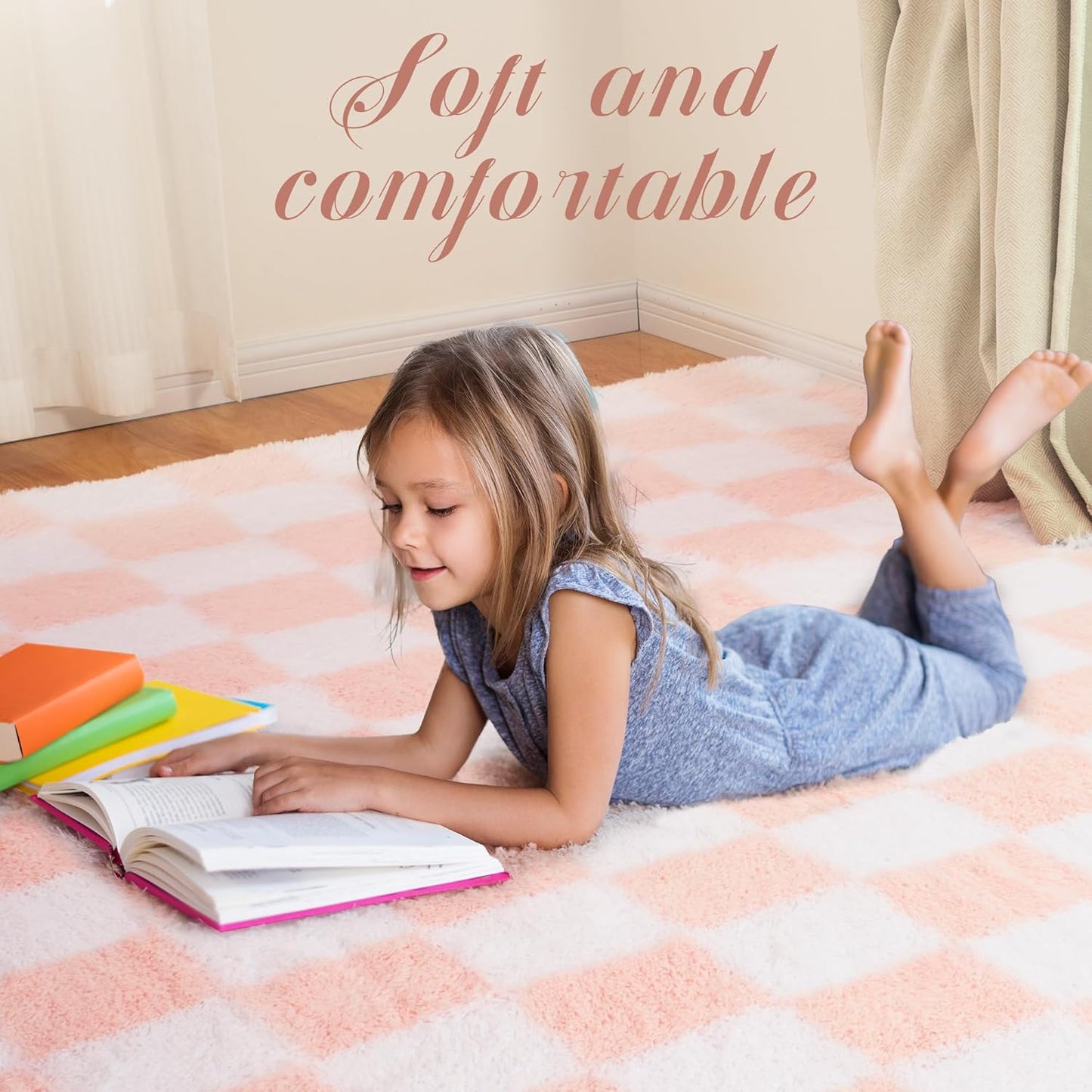 Super Soft Rug for Bedroom, 4x6 Ft Pink and White Area Rug Classic Checkered Shaggy Anti-Skid High Pile Soft Fluffy Rug Fuzzy Carpet for Living Room Bedroom Kids Room Nursery, Dorm Home Decor