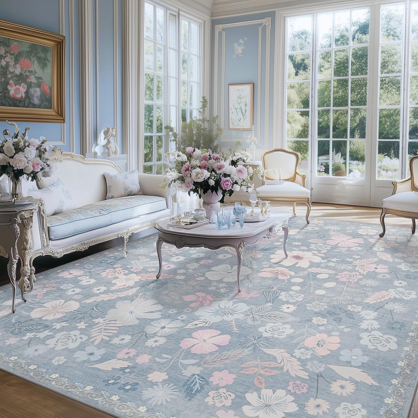 Blue 5x7 Area Rugs for Living Room Washable Soft Faux Fur Elegant Vintage Rugs Boho Floral Non Slip Stain Resistant Sound Absorbing Low Pile Carpet Rug for Bedroom Dining Room Nursery