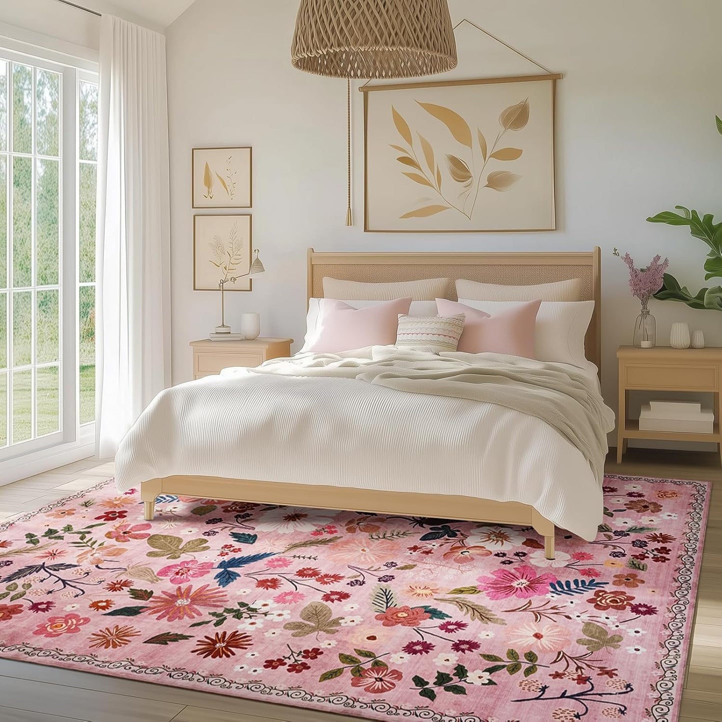 Living Room Rug 6x9 Washable Boho Floral Non Slip Large Aesthetic Pink Area Rugs Vintage Soft Low Pile Stain Resistant Sound Absorbing Big Carpet Rug for Bedroom Dining Room Kids Nursery Girls Dorm