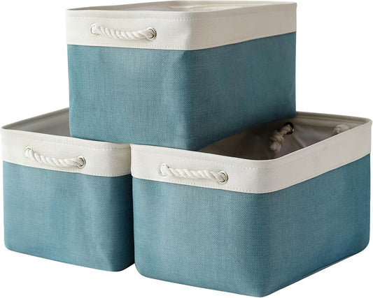TheWarmHome Organization and Storage basket for Organizing - 3 Pack 16x12x12 inch Cube Storage Bin for Shelves, Fabric Storage Cubes for Organizer Cloth Closet Toy Box (White & Green)