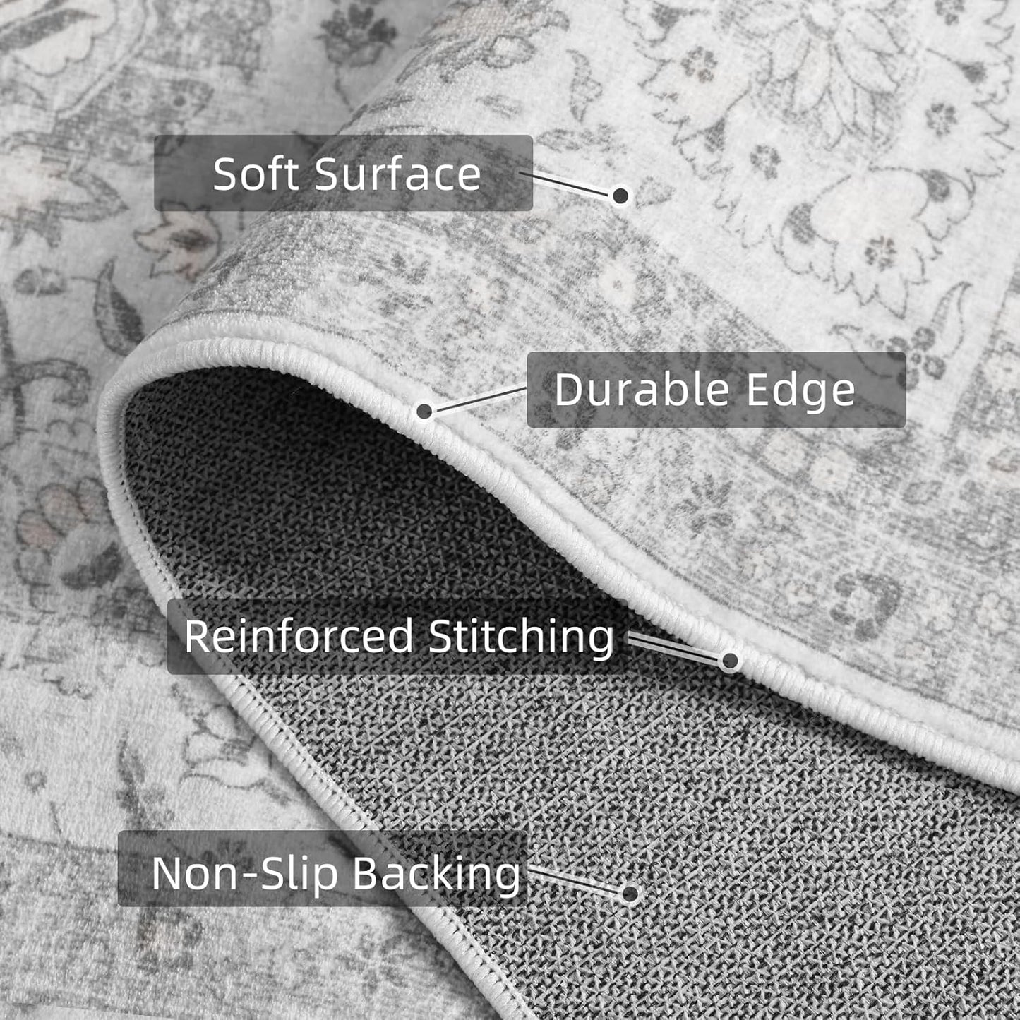 Boho Washable Area Rug Neutral Grey 5x7 Rugs for Living Room, Floral Modern Bedroom Rug Indoor Carpet for Dining Room Kids Room Playroom