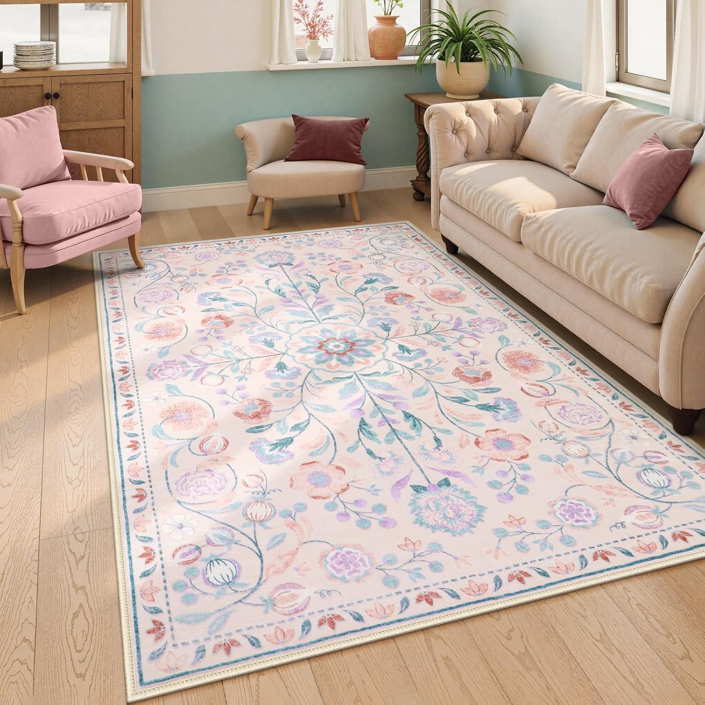 Anidaroel 5x7 Area Rugs for Living Room, Washable Pink Floral Rugs for Bedroom Girls, Soft Boho Nursery Rugs for Kids Playroom, Non Slip Low Pile Indoor Carpet for Bedside Dorm, Pink/Multi