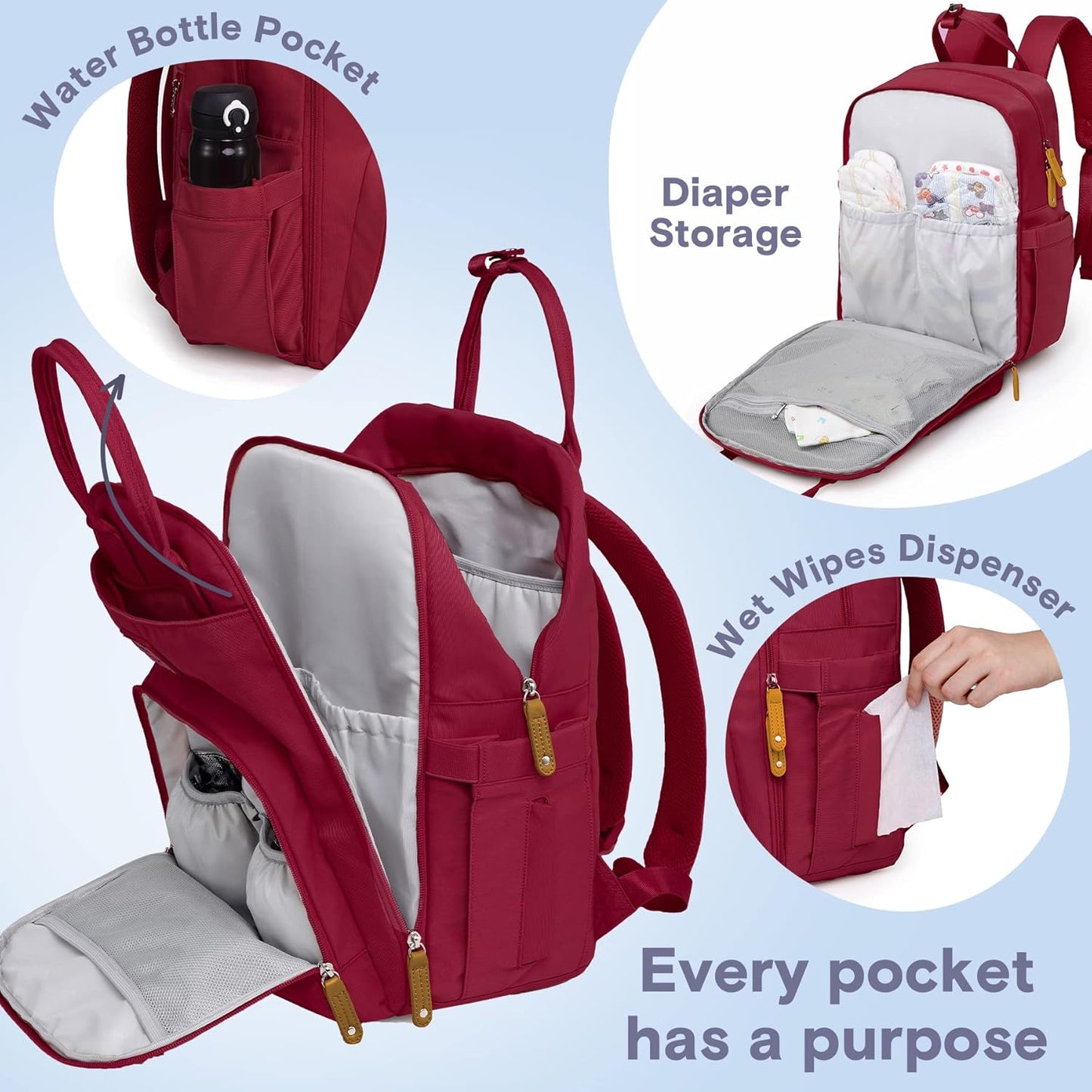 RUVALINO Diaper Bag Backpack, Multifunction Travel Pack Maternity Baby Changing Bags, Large Capacity, Waterproof, Purplish Red