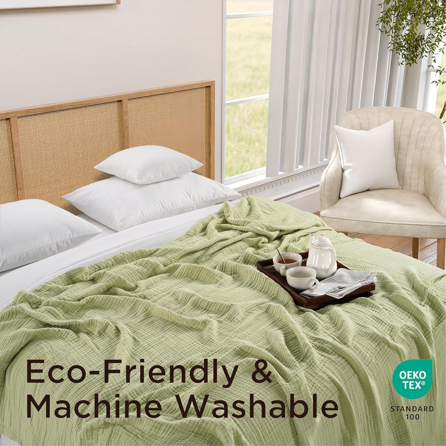 Threadmill King Size Muslin Blanket | 4 Layer Lightweight Gauze for All Seasons | Soft, Breathable, and Cozy Picnic Blankets | Lighweight Summer Blanket Fits Cal King Size Bed | Sage Green