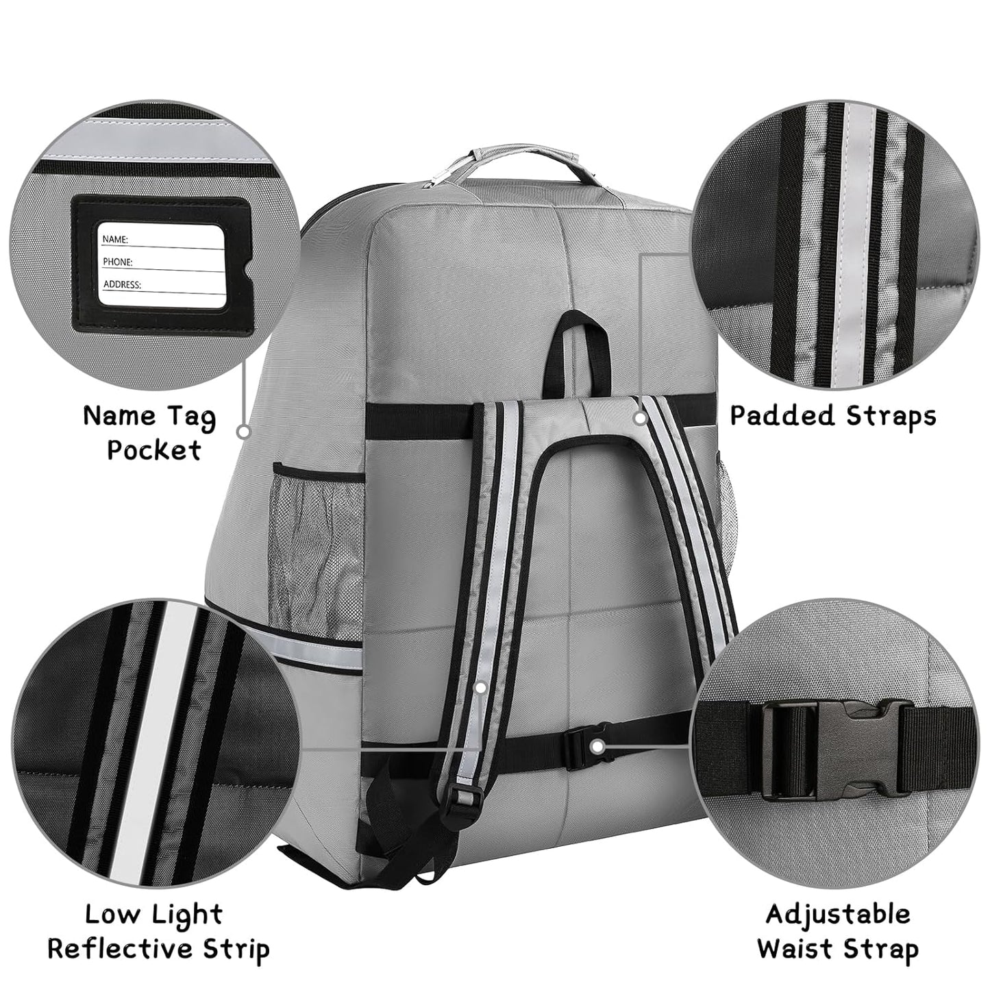 Car Seat Travel Bag,Padded Car Seats Backpack with Steel Cable Handle and Reflective Stripes, Large Durable Carseat Carrier Bag,Airport Gate Check Bag,Infant Seat Travel Bag with Shoulder Strap,Grey