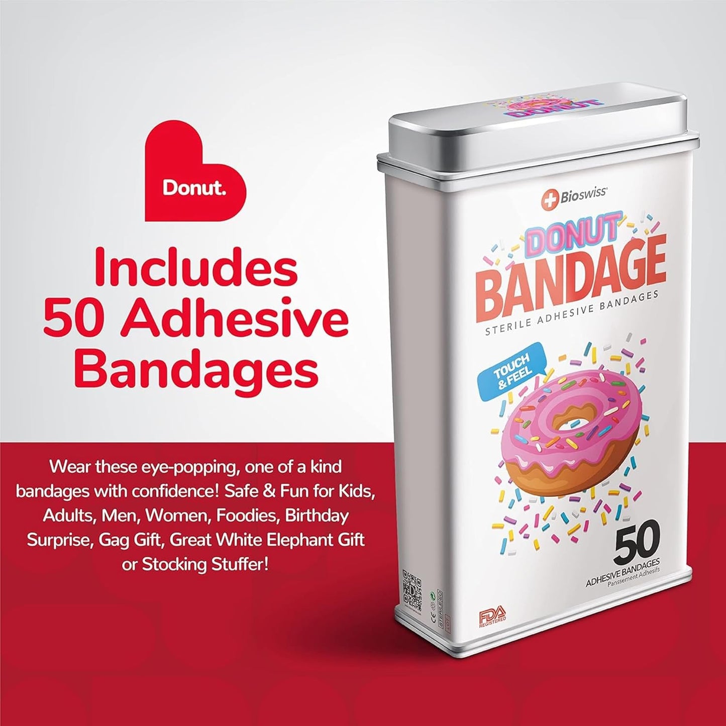 BioSwiss Bandages, Donut Shaped Self Adhesive Bandage, Latex Free Sterile Wound Care, Fun First Aid Kit Supplies for Kids, 50 Count