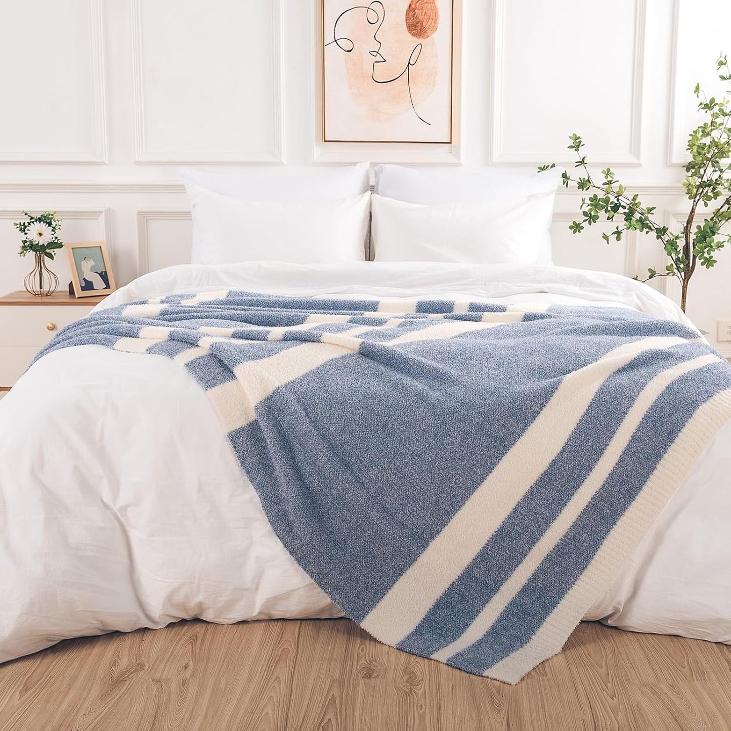 NEXHOME PRO Stripe Cozy Blanket Twin, Knit Fuzzy Throw Blanket for Couch Bed Sofa Picnic, Ultra Soft Blankets for Women Gifts Blue50 x 60 inches