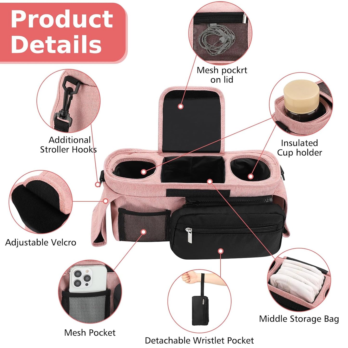 Accmor Universal Stroller Organizer with Insulated Cup Holder Detachable Phone Bag and Shoulder Strap,Stroller Bag Caddy Organizer Fits for Uppababy, Baby Jogger, Britax Strollers