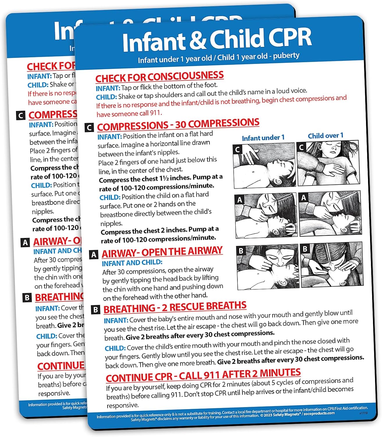 Safety Magnets by ZOCO – Infant and Child CPR Magnet (2-Pack) – 5"x7" Emergency First Aid Guide with Step-by-Step Instructions – CPR Reference for Homes, Daycares, Schools, and Parents