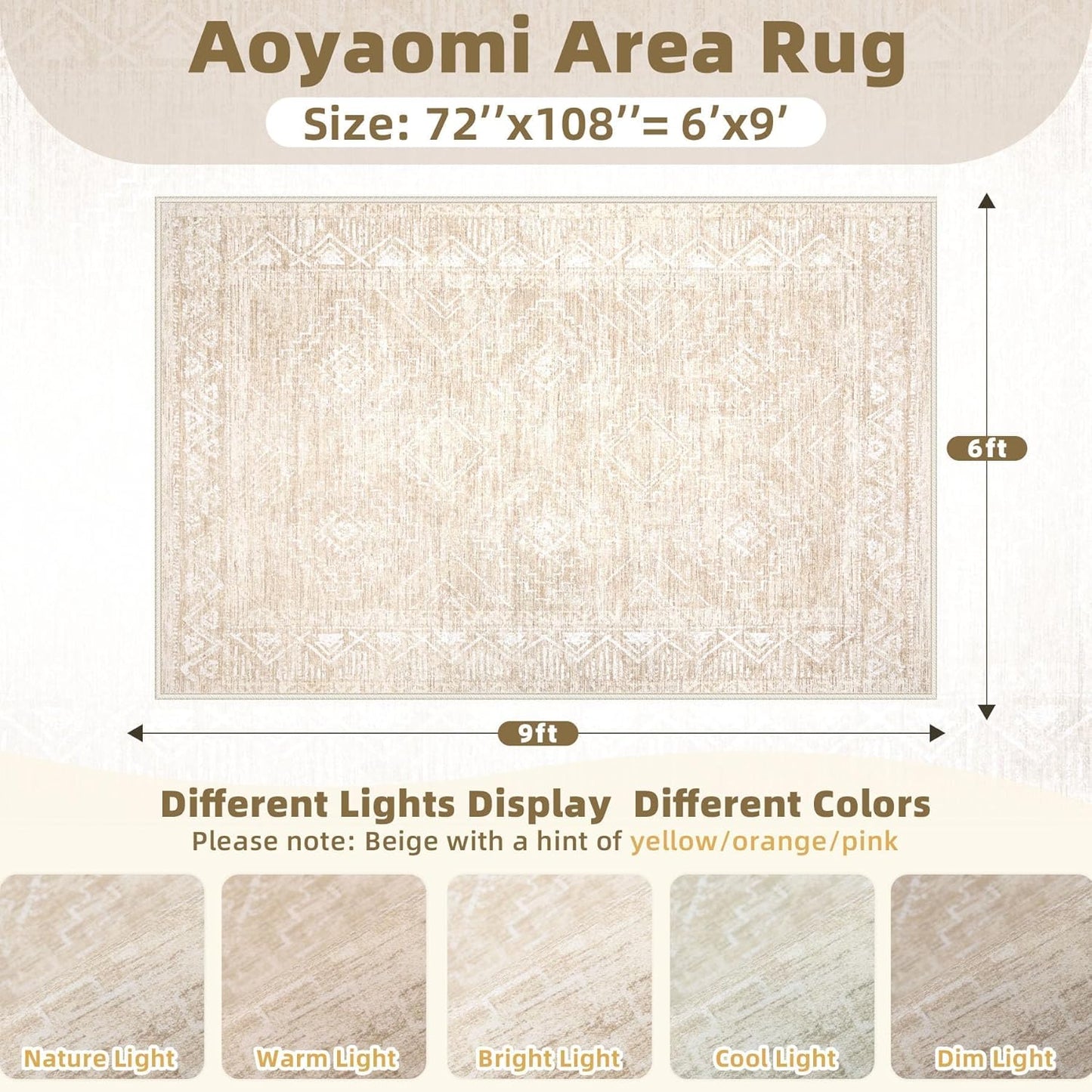 Moroccan Large Area Rug 6x9 - Soft Machine Washable Geometric Boho Distressed Farmhouse Rug Morden Stain Resistant Indoor Floor Carpet for Bedroom Dining Table Nursery Home Office (6 x 9, Beige)