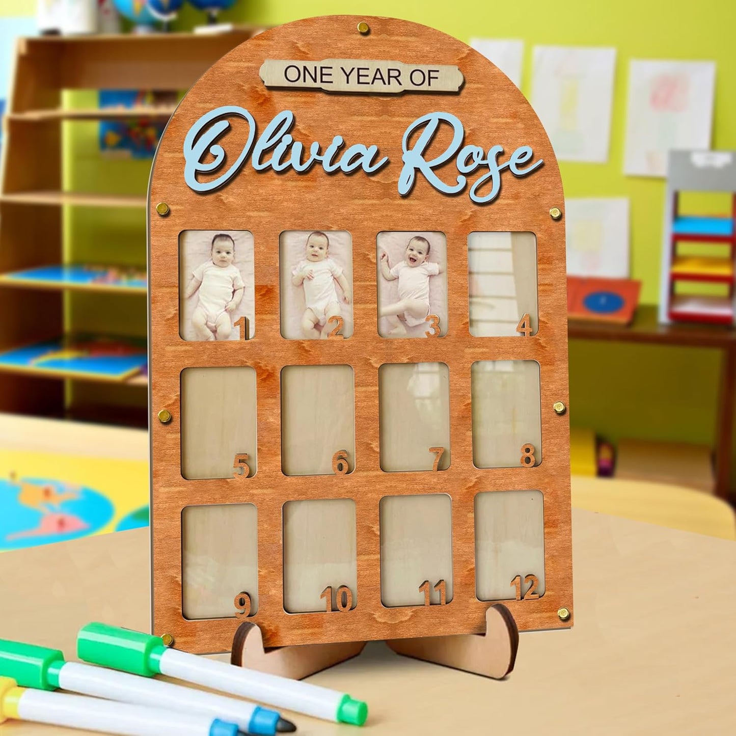 V-DECORPARKS Personalized My First Year Photo Frame | 12 Months Picture Frame For Baby First Year | Displays Twelve 2x3 Pictures | Birthday Party Decor Newborn Memory Keepsake, Style MP4