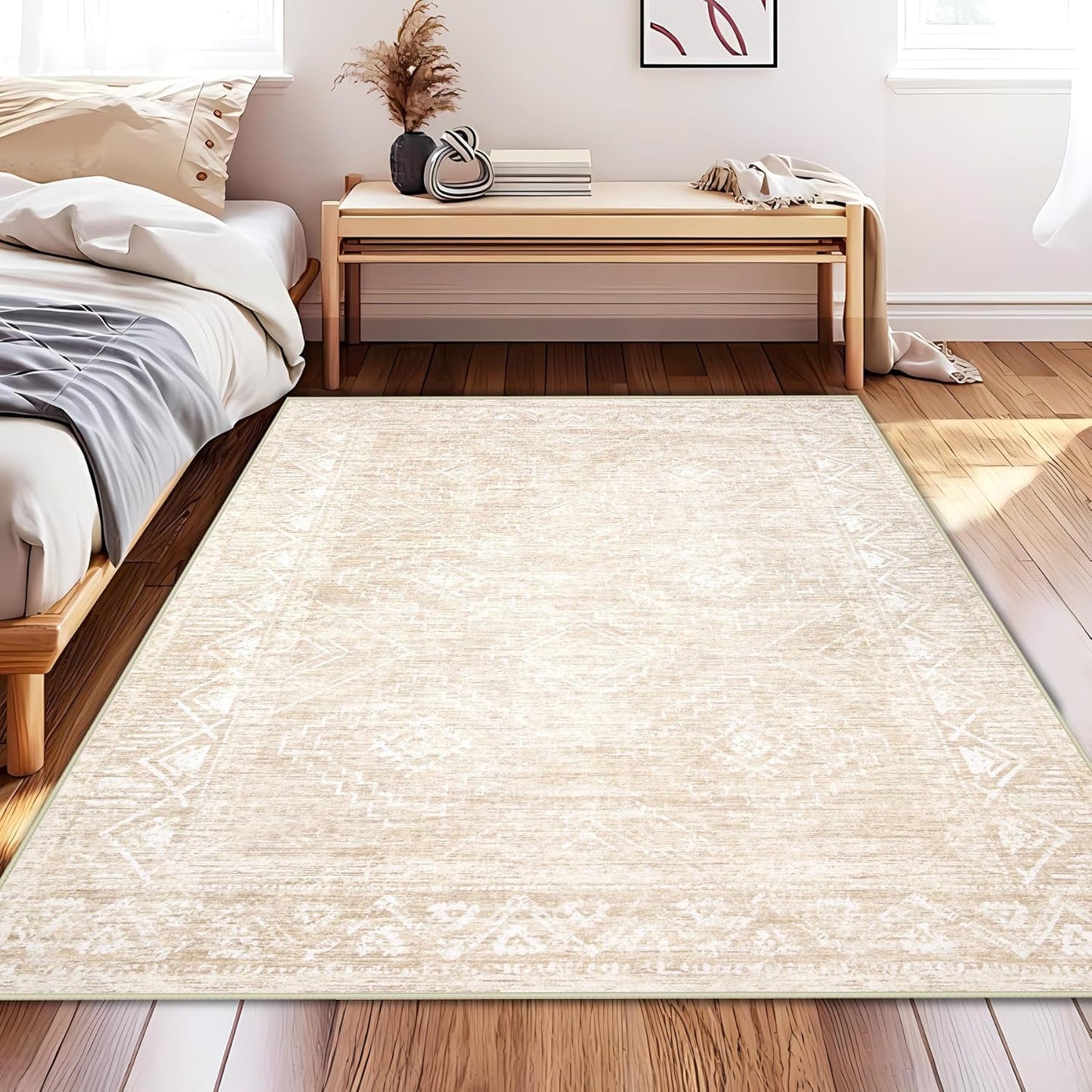 Vintage Moroccan Trellis Area Rug - 3x5 Machine Washable Boho Geometric Farmhouse Rugs Neutral Stain Resistant Non Slip Indoor Carpet for Entrance Bedroom Dining Room Nursery Home Office (3x5, Beige)