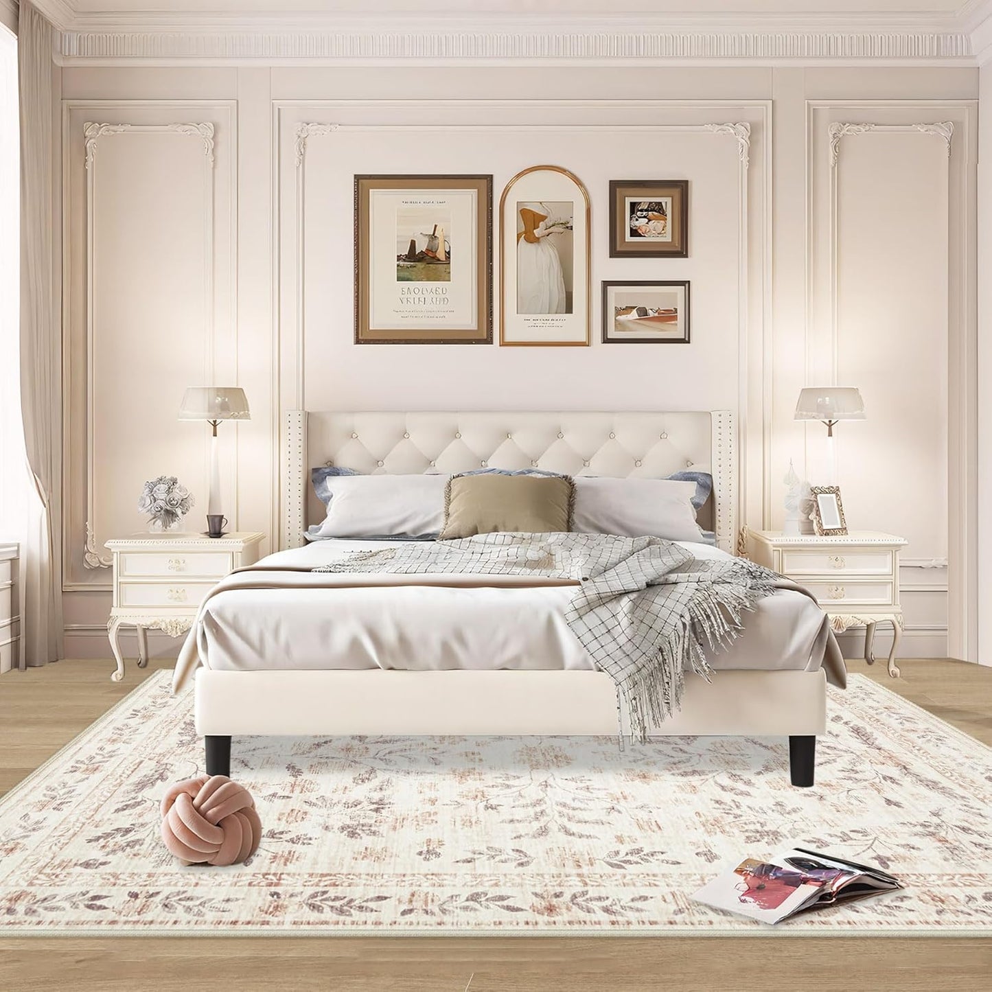 Rugs for Living Room 6x9 Rug, Washable Floral Boho Area Rug Non Slip Soft Low Pile Large Rugs for Bedroom Girls, Dining Room, Office, Kids Playroom(6'x9', Floral Beige)