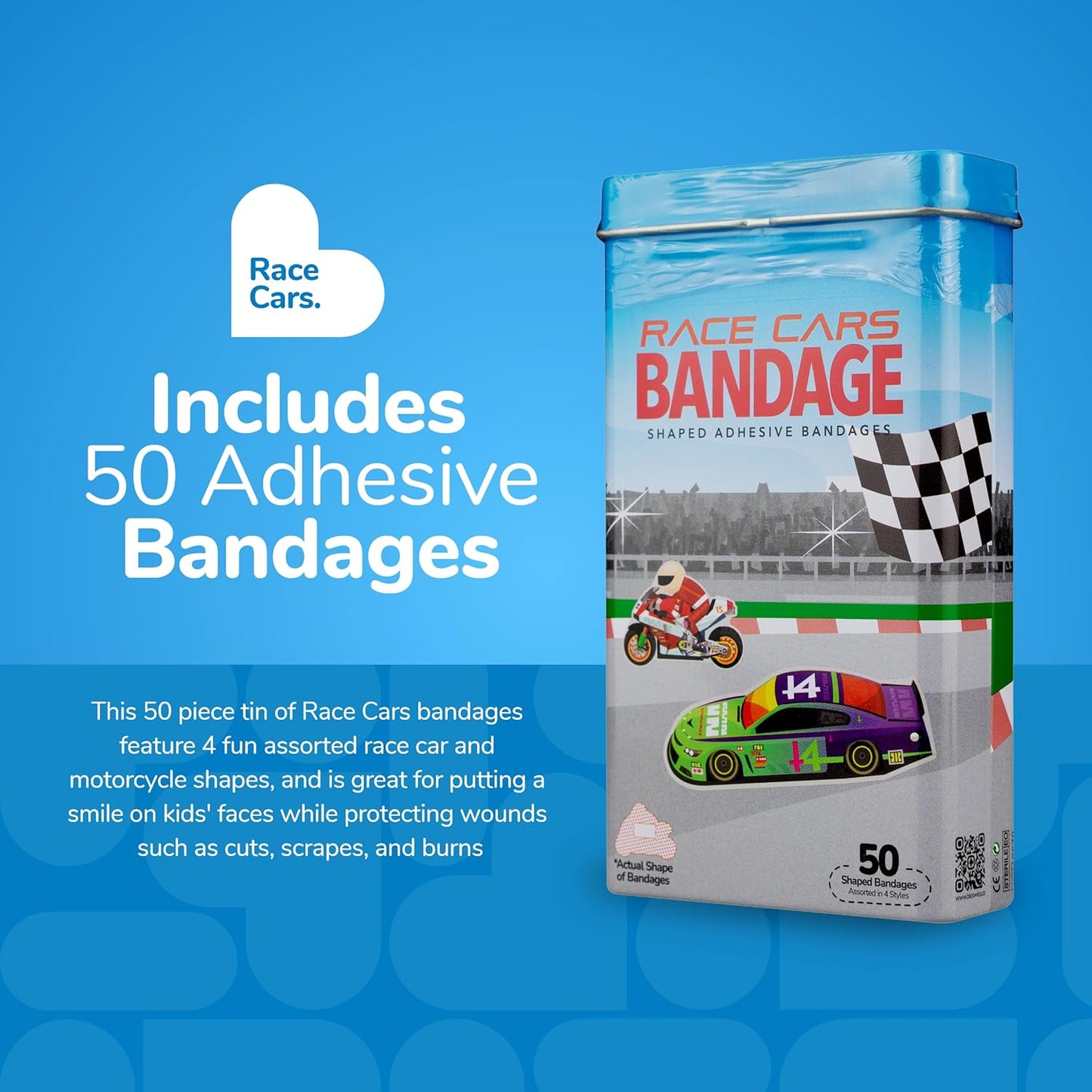 BioSwiss Bandages, Race Cars Shaped Self Adhesive Bandage, Latex Free Sterile Wound Care, Fun First Aid Kit Supplies for Kids and Adults, 50 Count