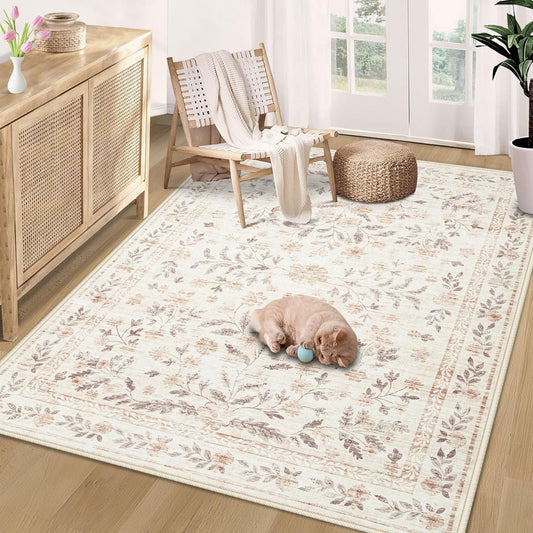 Bedroom Rugs 3x5 Area Rug, Washable Floral Boho Area Rug Non Slip Soft Low Pile Small Carpet for Bedroom Girls, Bedside, Kitchen, Entryway, Kids Room, Office, College Dorm(3'x5', Floral Beige)