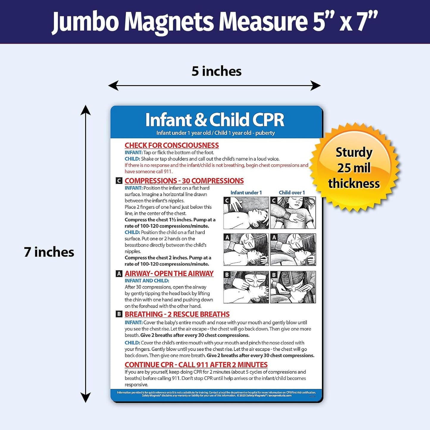 Safety Magnets by ZOCO – Infant and Child CPR Magnet – 5"x7" Emergency First Aid Guide with Step-by-Step Instructions – CPR Reference for Homes, Daycares, Schools, and Parents