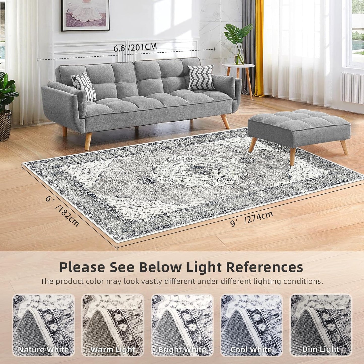 Grey Rug 6x9 Boho Vintage Rugs for Living Room, Washable Rugs Non Slip Large Area Rug for Dining Room Bedroom Office, Floor Decoration Big Rug Low-Pile Kid & Pet Friendly(Grey)