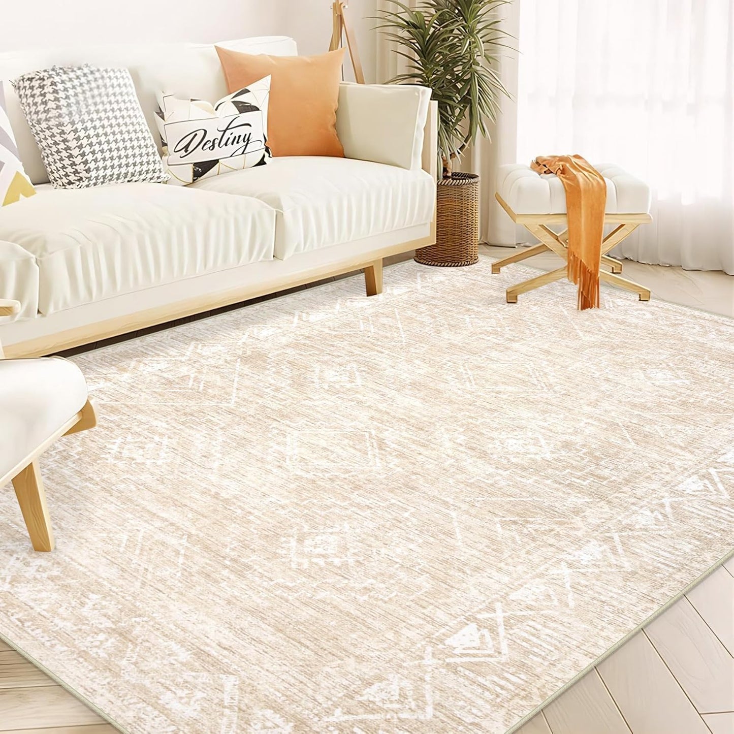 Moroccan Large Area Rug 5x7 - Soft Machine Washable Geometric Boho Distressed Farmhouse Rug Morden Stain Resistant Indoor Floor Carpet for Bedroom Dining Table Nursery Home Office (5 x 7, Beige)