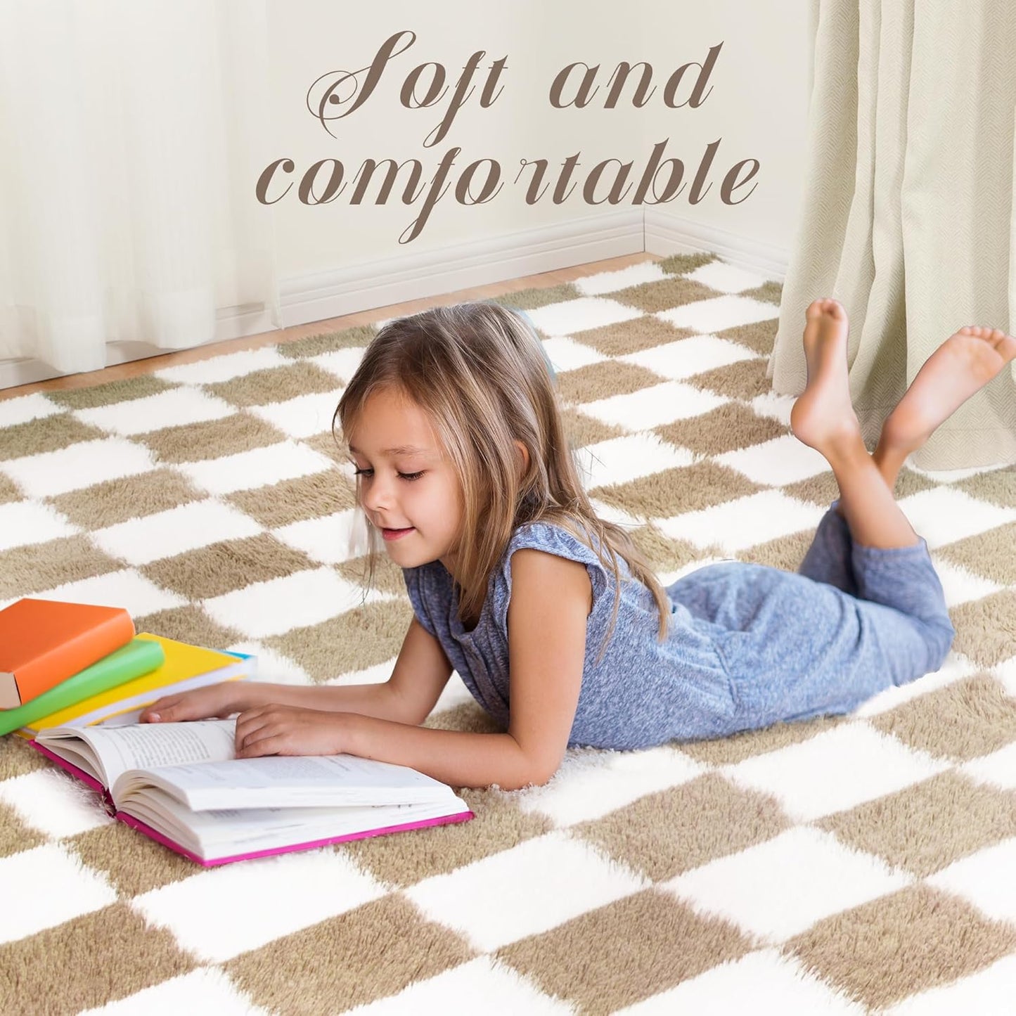 Super Soft Rug for Bedroom, 5x8 Ft Beige and White Area Rug Classic Checkered Shaggy Anti-Skid High Pile Soft Fluffy Rug Fuzzy Carpet for Living Room Bedroom Kids Room Nursery, Dorm Home Decor