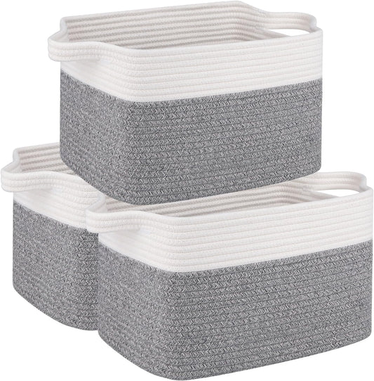 OIAHOMY 3 Pack Storage Basket for Organizing, 13''X9.85''X8.7'' Storage Bins,Woven Basket Basket with Handles, Toy Storage Basket Bin,Stylish Room Decor Basket, White & Grey variegated