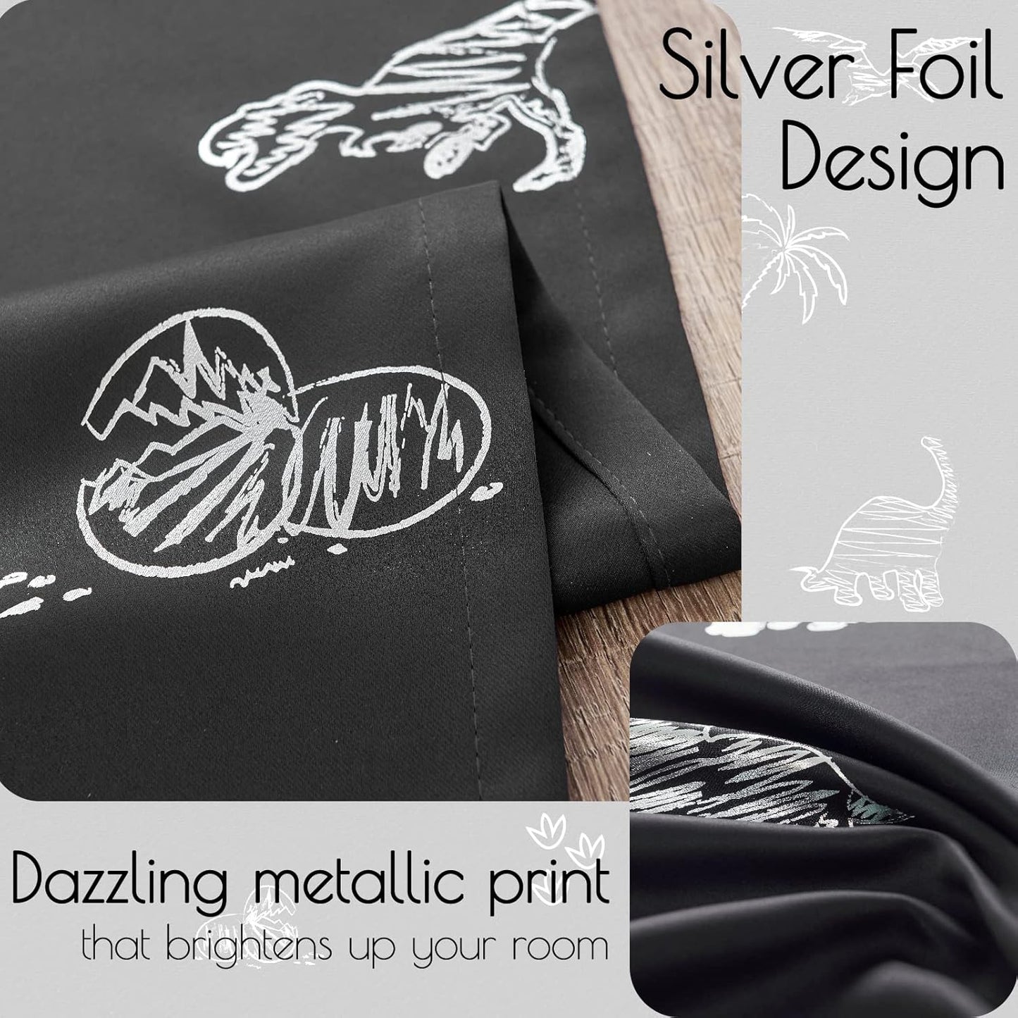 Vangao Kids Curtains Black Blackout Dinosaur Curtains for Boys Kids Nursery Girls Room Silver Dino Foil Print Thermal Insulated Drapes Grommet Top Window Treatments 84 Inches Length 2 Panels