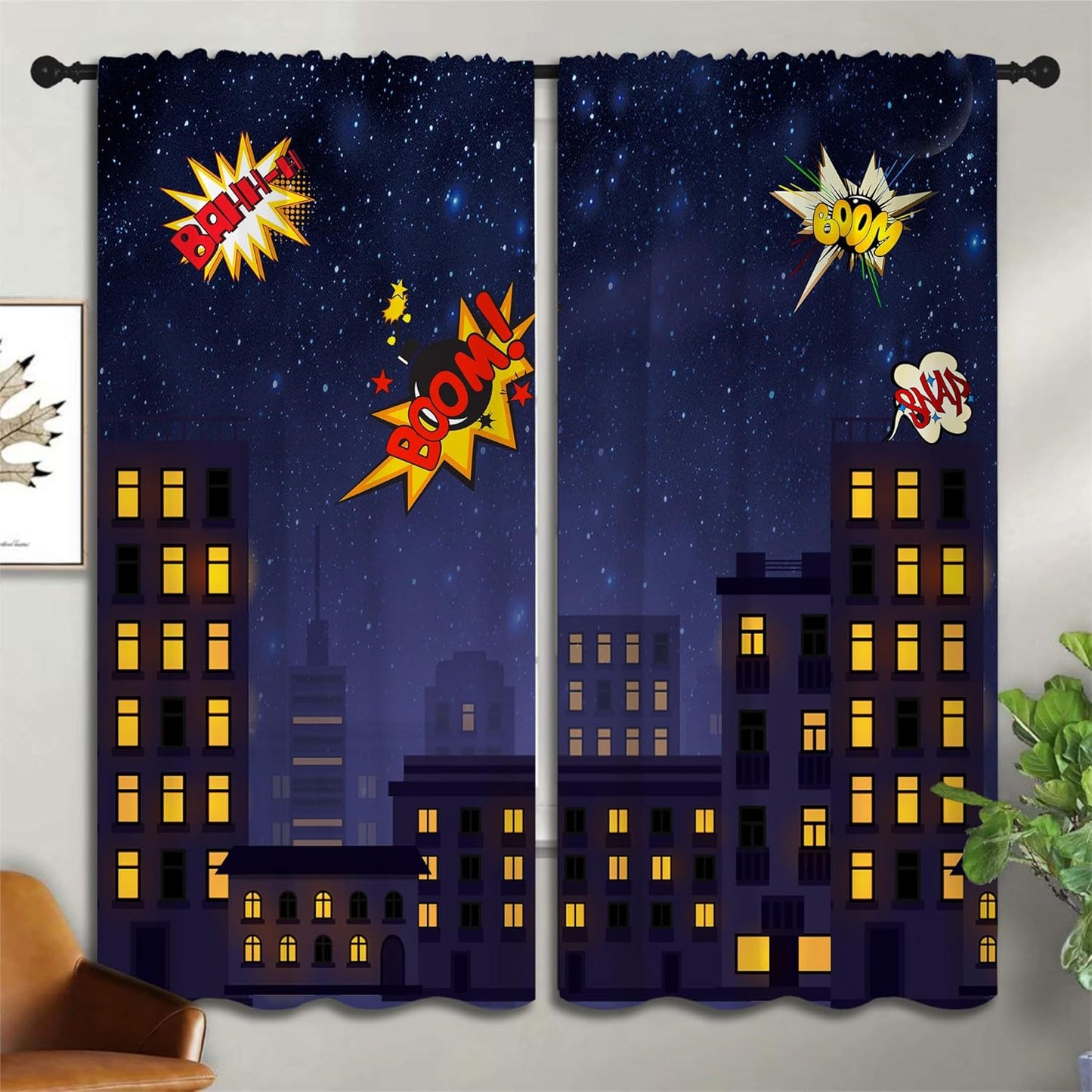 Super Hero Rod Pocket Blackout Curtains for Boy Girl Bedroom, Exploding City Starry Cartoon Skyline Thermal Insulated Home Window Drapes for Living Room Darkening, 55x63 inch