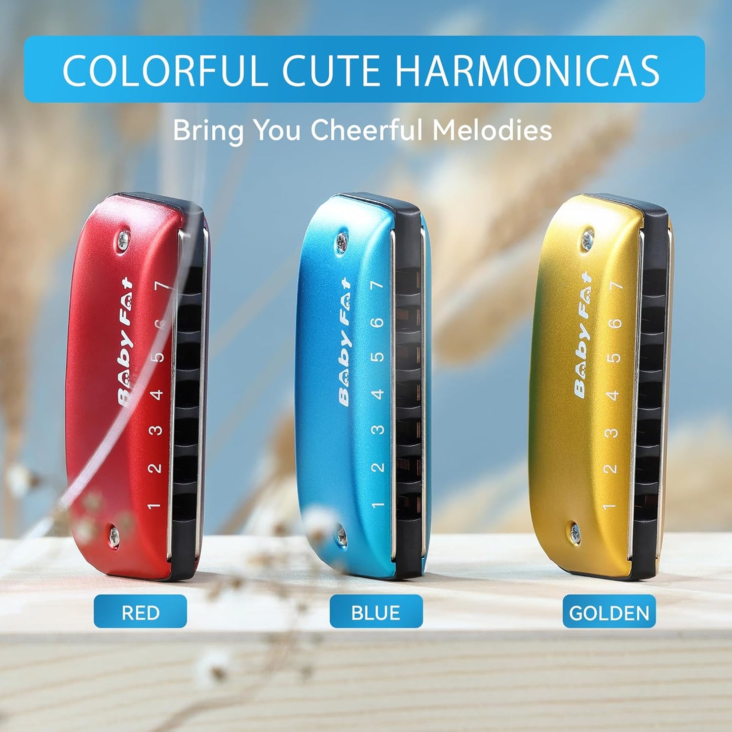 BabyFat 7 Hole Blues Mini Harmonica Set,Diatonic Harmonica with free lanyards,Gifts for Kids and Beginners,Easy-playing Musical Instrument(A Key）