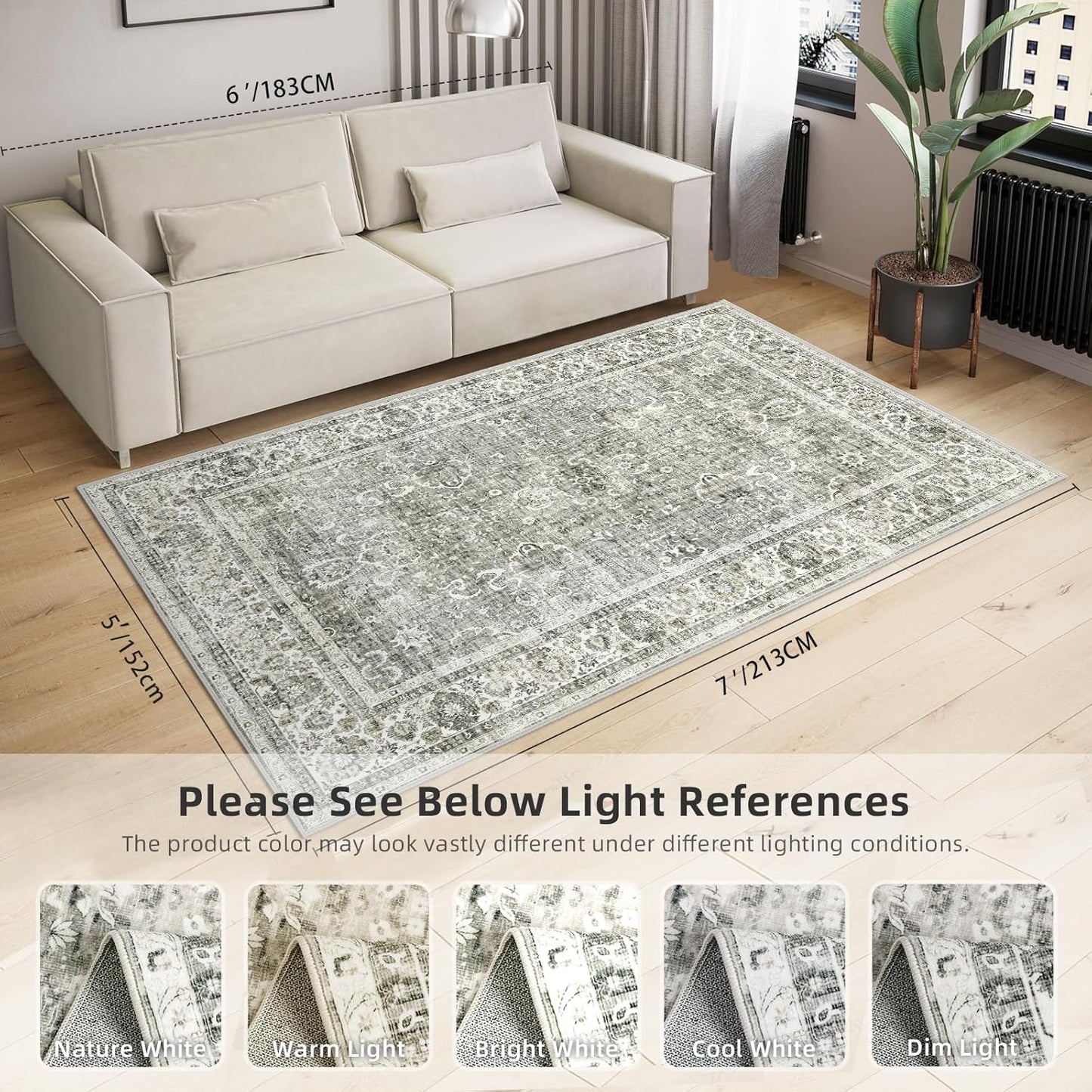 Deerly Washable Rug 5x7 Area Rugs for Living Room, Non Slip Large Rug for Bedroom Dining Room, Low-Pile Kid & Pet Friendly Distressed Carpet Print Floor(Cream)