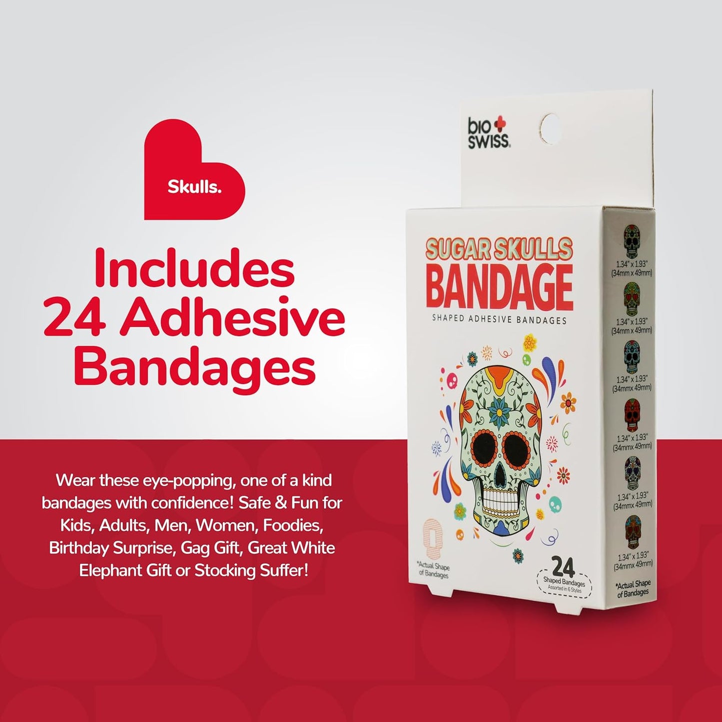 BioSwiss Bandages, Sugar Skull Shaped Self Adhesive Bandage, Latex Free Sterile Wound Care, Fun First Aid Kit Supplies for Kids, 24 Count