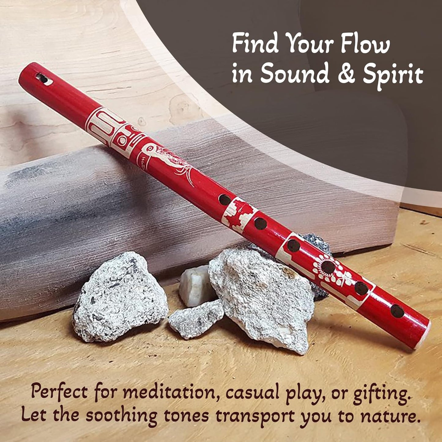 Mia Jewel Shop - Handmade Colored Bamboo Wooden Flute | Tribal Nature Pattern | Native Recorder for Beginners, Meditation & Music Lovers (Red)