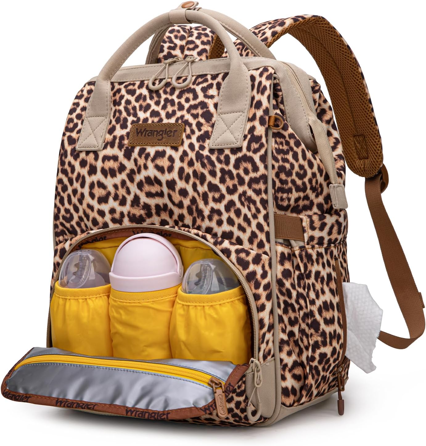 Wrangler Leopard Print Backpack Multifunction Baby Travel Bag with Changing Pad, Stroller Straps and Pacifier Case WG2204-91103LP-BR