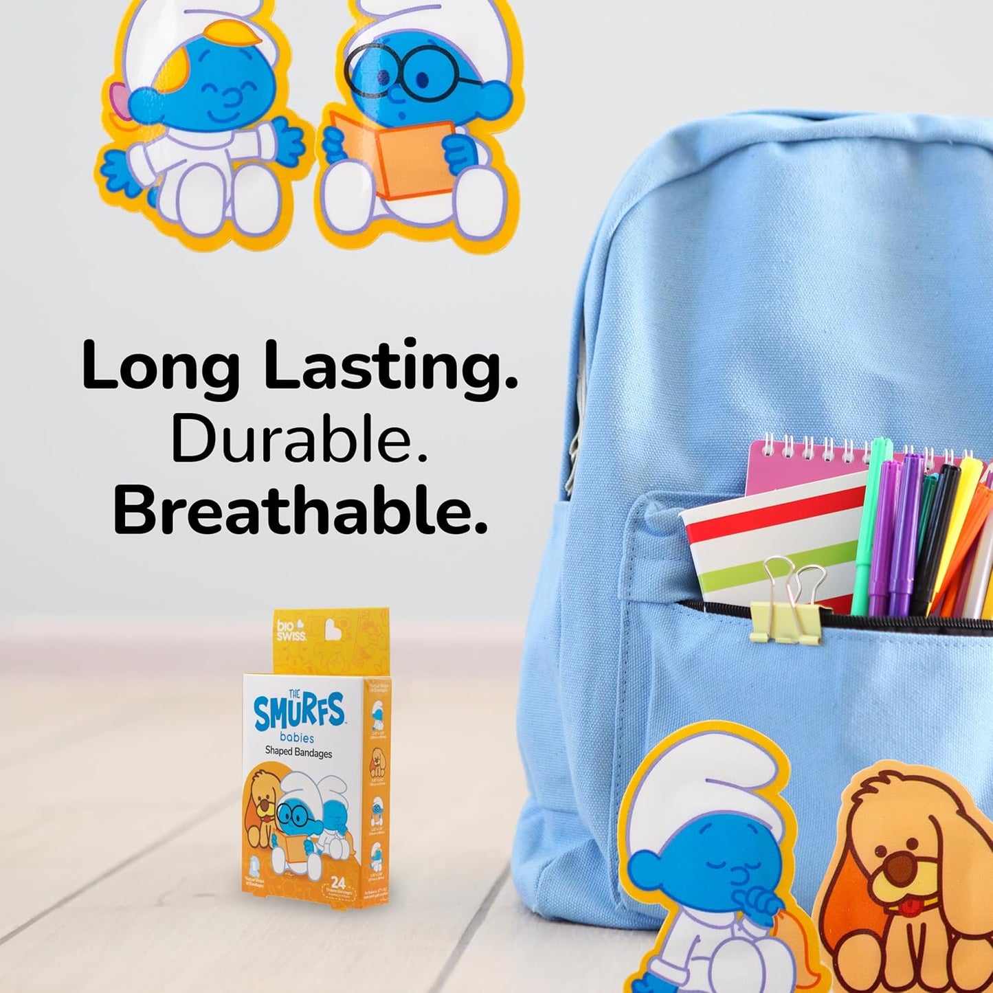 BioSwiss Bandages, The Smurfs Baby Smurf Shaped Self Adhesive Bandage, Latex Free Sterile Wound Care, Fun First Aid Kit Supplies for Kids and Adults, 24 Count Box