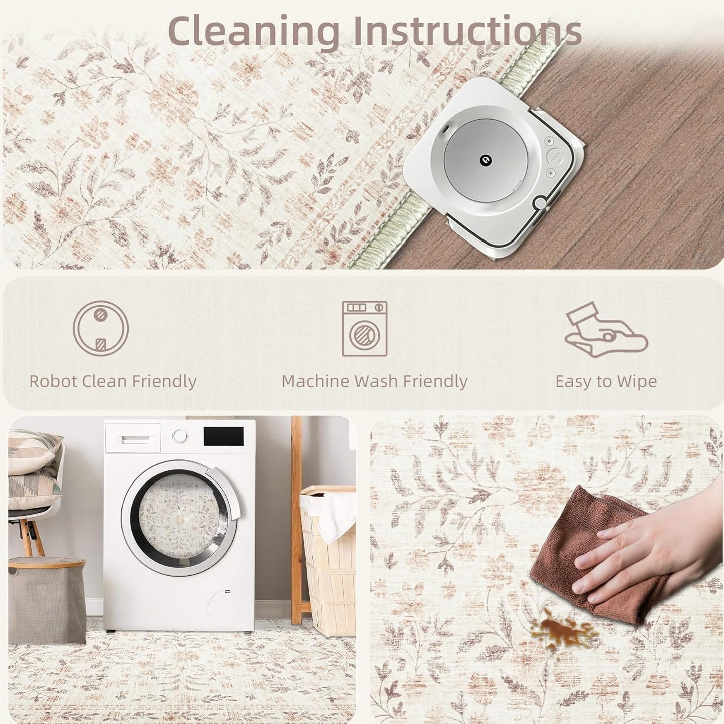 Rugs for Living Room 5x7 Rug, Washable Floral Boho Area Rug Non Slip Soft Low Pile Large Rugs for Bedroom Girls, Dining Room, Office, Kids Playroom(5'x7', Floral Beige)