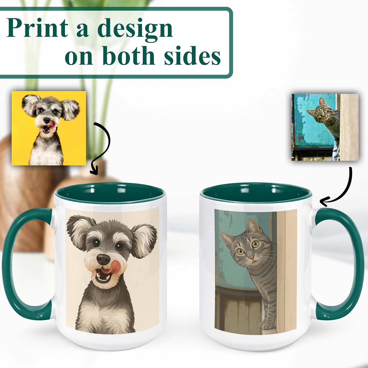 Personalized Coffee Mug, Custom Drawing Portrait Gift, Funny Customized Coffee Gift for Men & Women, Custom Mugs with Pictures, Green 15oz Customized Ceramic Tea Cup