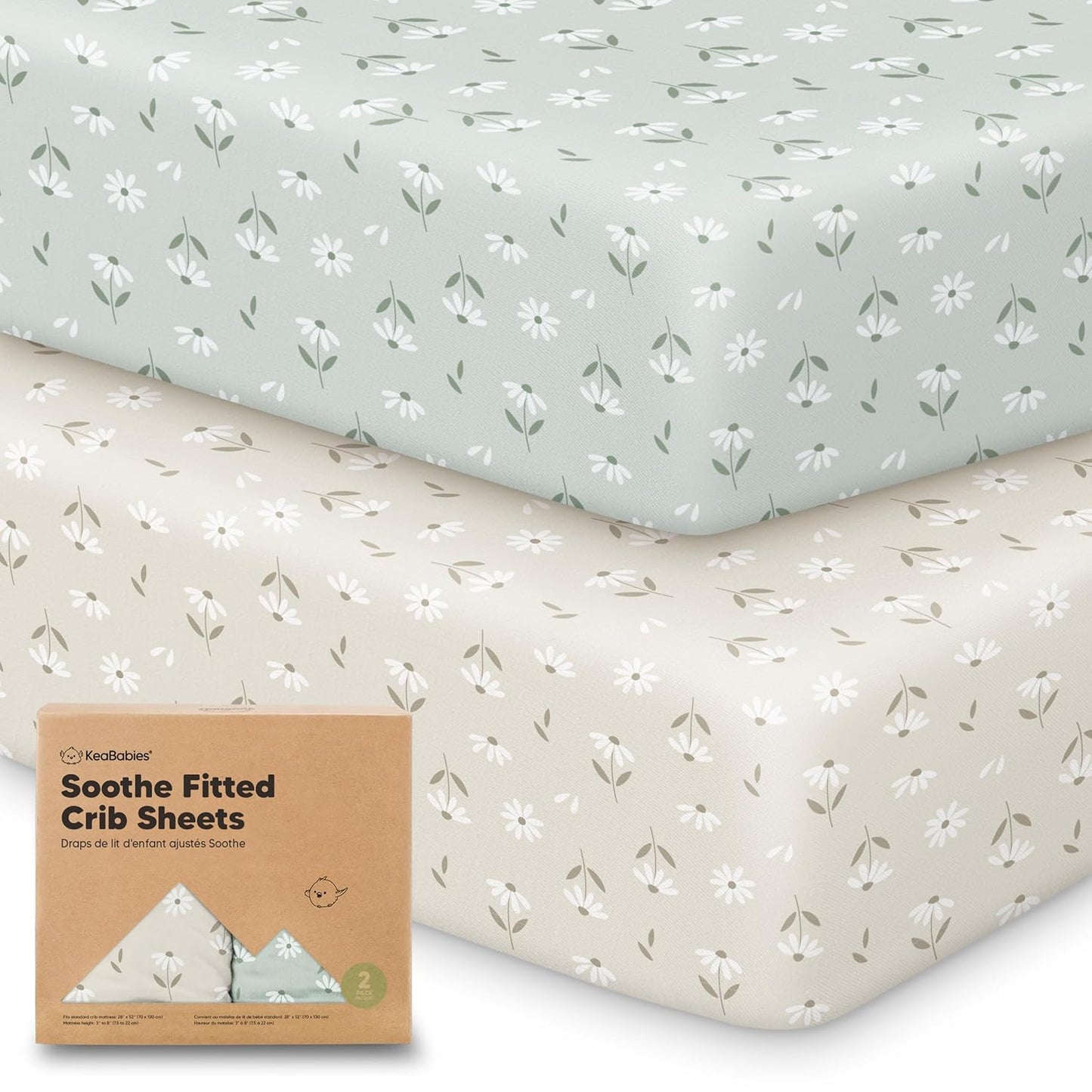 KeaBabies 2-Pack Organic Crib Sheets for Boys, Girls - 52x28 Fitted Crib Mattress Sheet Neutral, Breathable Jersey Cotton Cover for Baby Bed, Toddler Mattress, Soft & Cute Prints (Daisies)