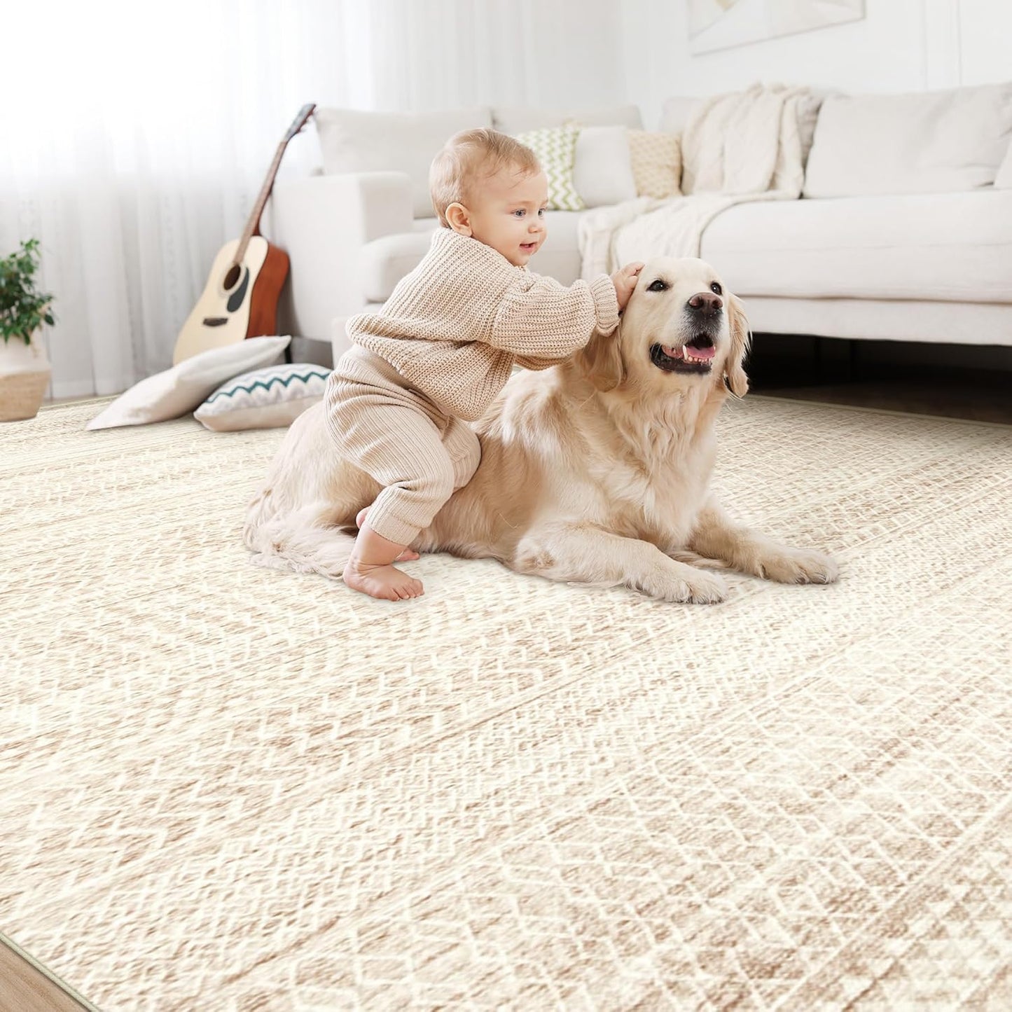 Moroccan Large Area Rug 6x9 - Soft Machine Washable Geometric Boho Distressed Farmhouse Rug Morden Stain Resistant Indoor Floor Carpet for Bedroom Dining Table Nursery Home Office(6'x9',Ivory Beige)