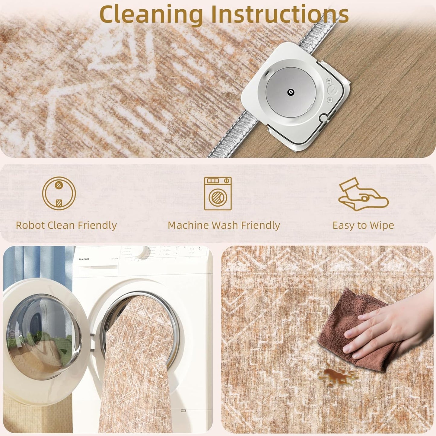 Vintage Moroccan Trellis Area Rug - 4x6 Machine Washable Boho Geometric Farmhouse Rugs Neutral Stain Resistant Non Slip Indoor Carpet for Bedroom Dining Room Nursery Home Office (4 x 6, Brown)