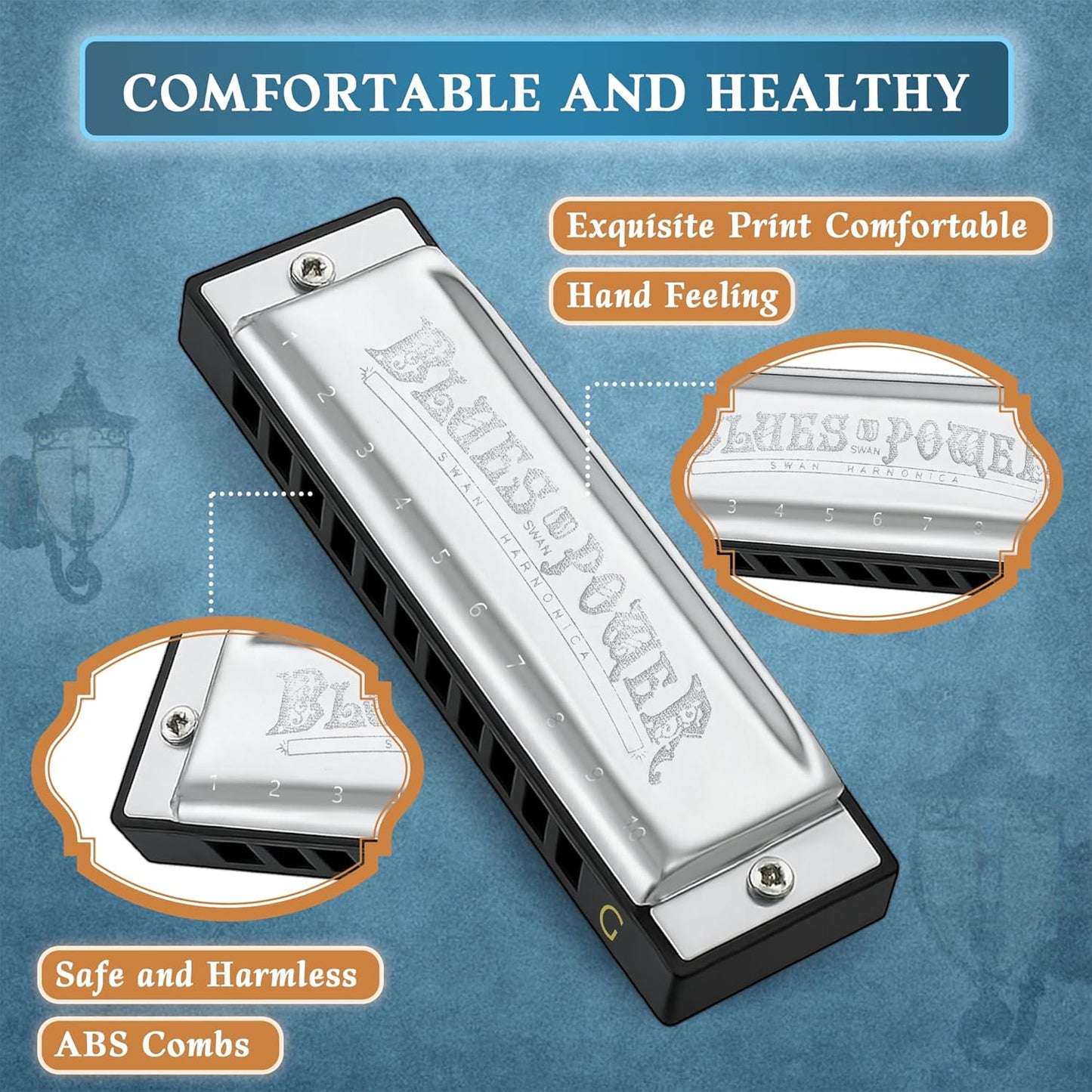 SWAN Blues Harmonica, Key of G, 10 Hole 20 Tone Diatonic Harp Mouth Organ, Stainless Steel Deluxe Harmonica for Adults, Students, Beginners, as a Gift (Silver-G)