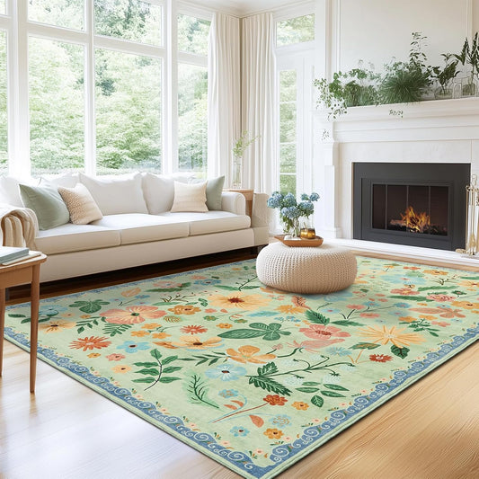 6x9 Area Rugs for Living Room Machine Washable Non Alip Ultra-Thin Spring Garden Area Carpet Soft Boho Vintage Floral Print Sage Green Accent Rugs for Bedroom Family Room Nursery Kids Playroom