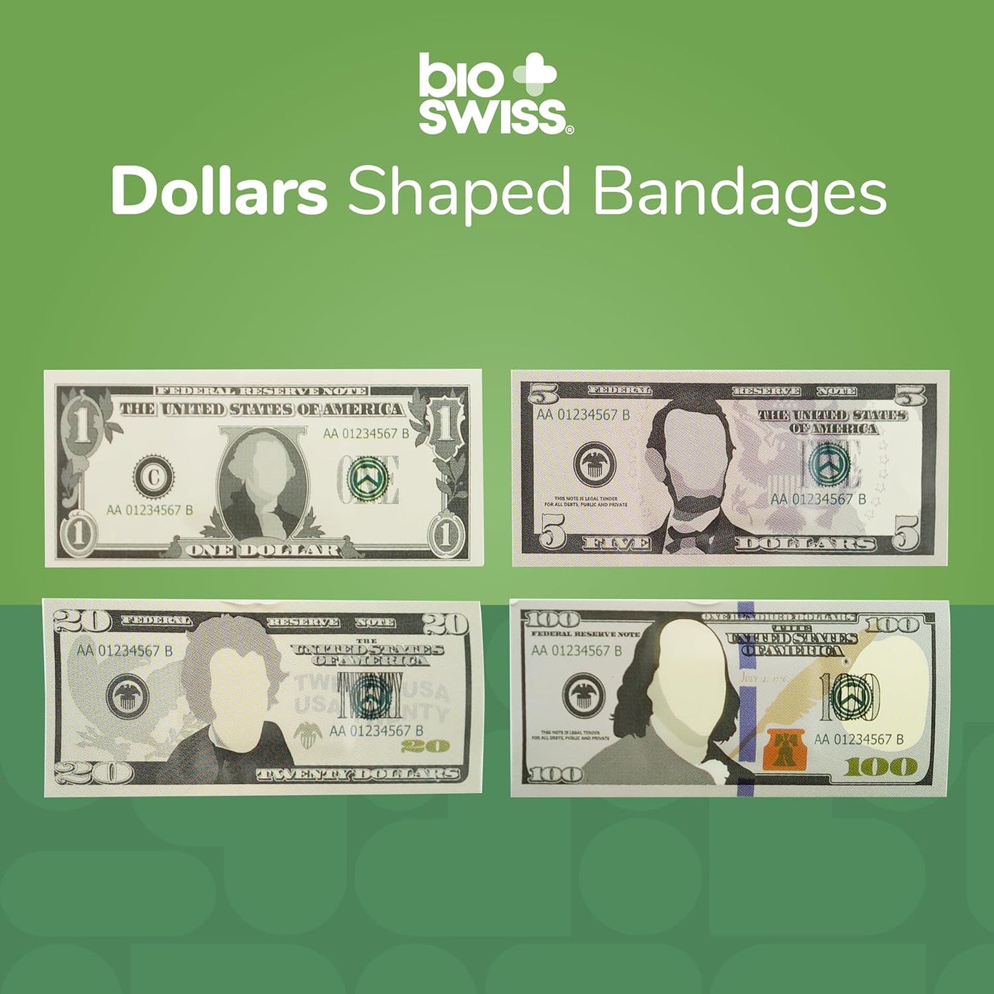 BioSwiss Bandages, Money Shaped Self Adhesive Bandage, Latex Free Sterile Wound Care, Fun First Aid Kit Supplies for Kids, 24 Count