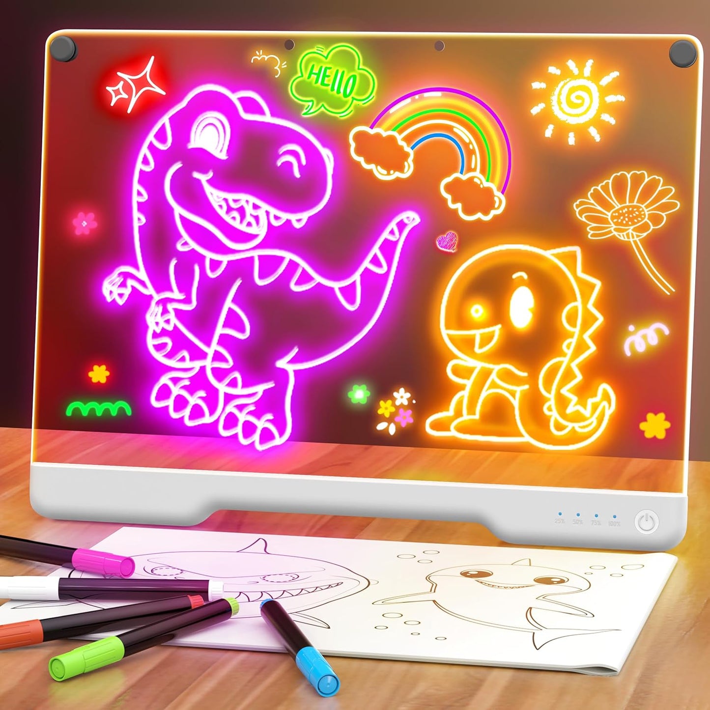 16-Inch Rechargeable Doodle Glow LED Note Board, 7-Color Light Modes, Neon Art Dry Erase Light Up Drawing Pad with Built-in Stand, Sketching Gift Toy for Kids/Girls/Teens, 5 Markers & Tracing Book