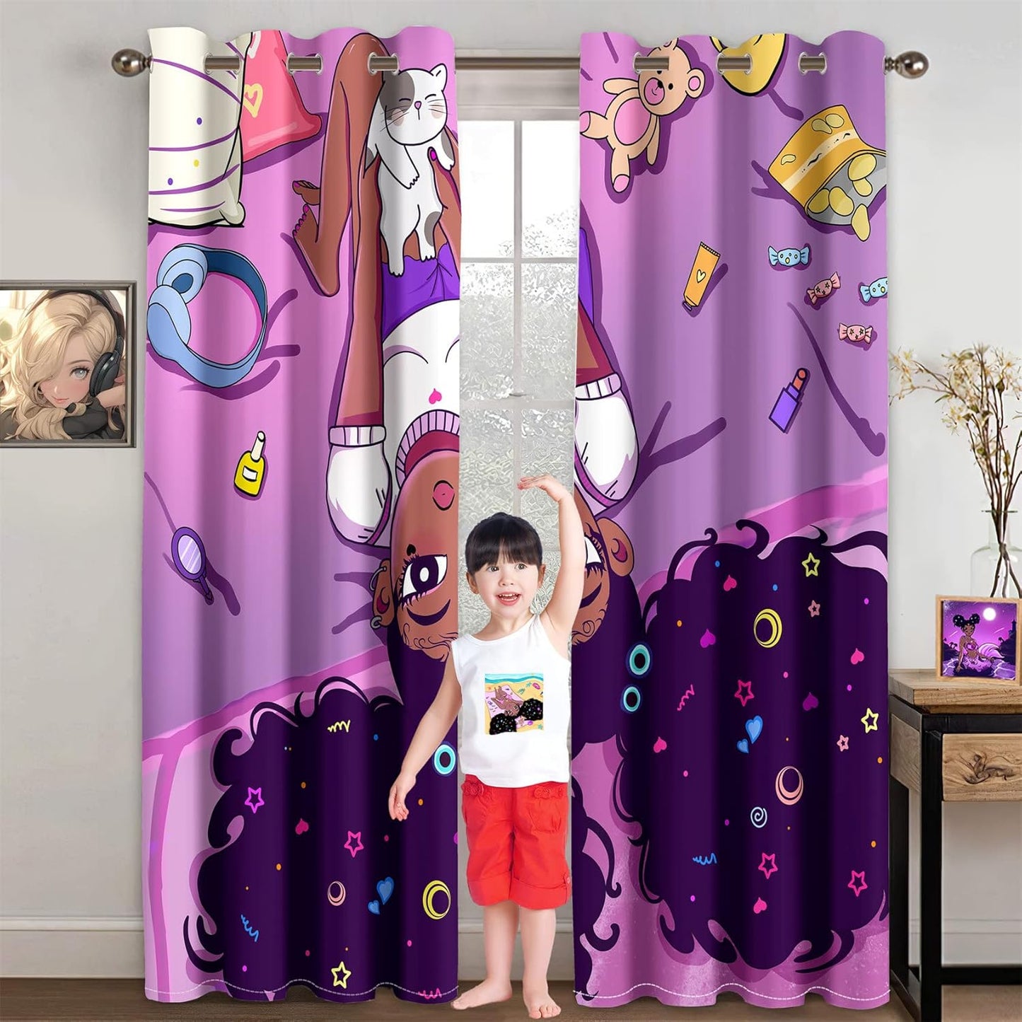 Cartoon Printed Curtains for Bedroom, 82 x 84 inches, Blackout, Grommet Top, 2 Piece Set, Girls Room Curtains, Thermal Insulated