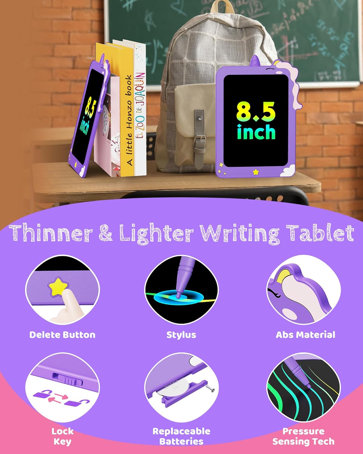 TEKFUN Birthday Gifts for Girls, 8.5inch Doodle Board, LCD Writing Tablet for Kids, Writing Pad Drawing Tablet, Travel Toys for 3 4 5 6 7 8 Year Old Boys Girls Birthday Christmas Gifts(Purple)