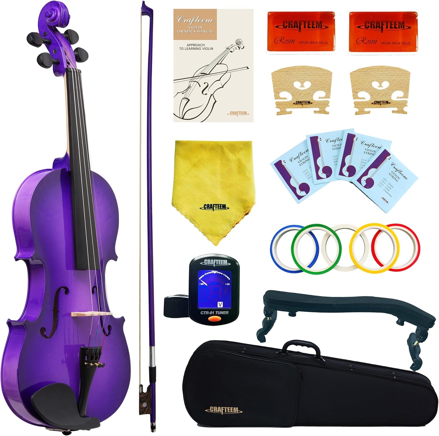 1/2 Fiddle Purple Colored Premium Violin Outfit for Beginners Adults Kids With 5 Color Fingering Tape- Handcrafted Student Beginner Violin. (Purple, 1/2)